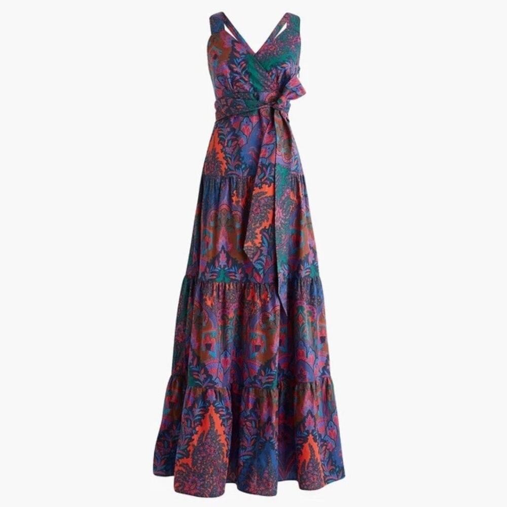 J. Crew Paisley Print Maxi Dress US 2 Tiered Ratti Scarf Colorful 100% Cotton - Picture 14 of 15